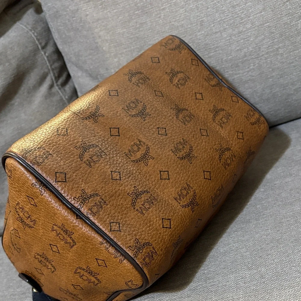 MCM Visetos Brown Boston Bag with Dog Bone Charm